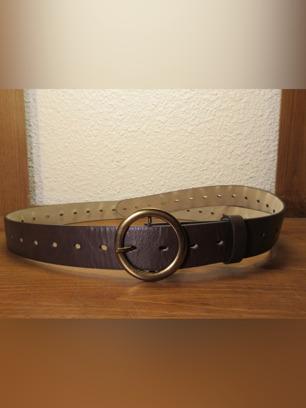 Avia Dark Brown Leather Belt with Round Antique Brass Buckle